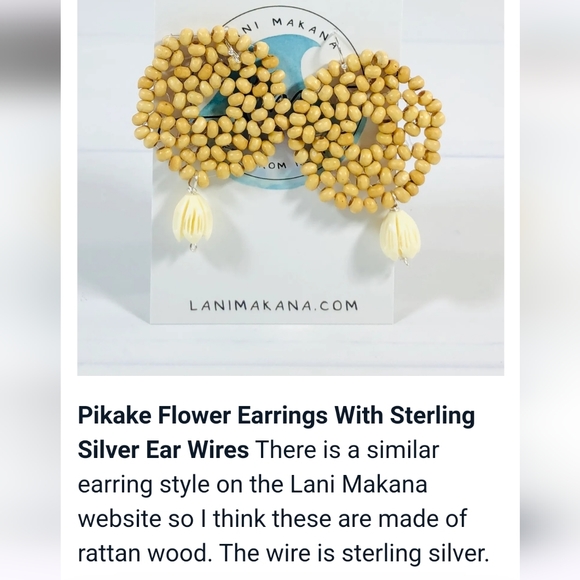 New Pikake flower dangle earrings new rattan wood sterling silver ear wi… - Picture 3 of 6